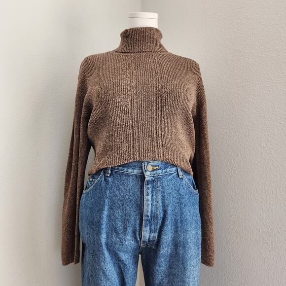 American Vintage Tops - Vintage Liz Claiborne Brown Knit Long Sleeve Turtle Neck Shirt L